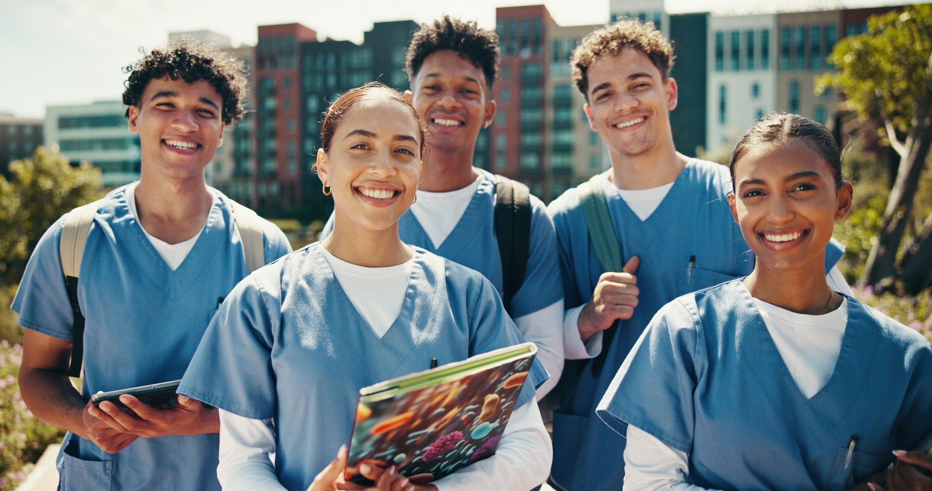 Group of people, outdoor and portrait as medical student for career, learning or education in clinic. Team, smile and together for development, healthcare or studying in university campus or hospital
